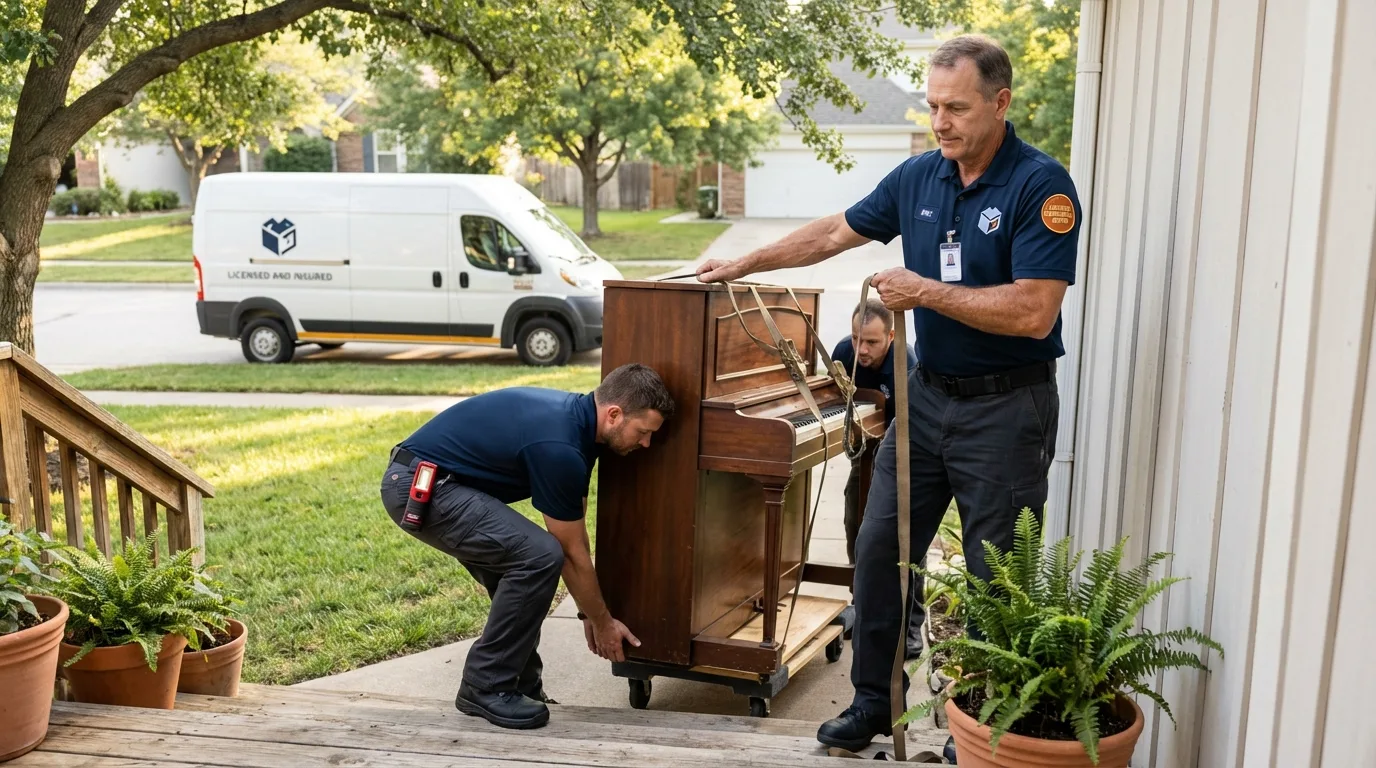 Licensed piano movers securing grand piano in Radford, VA