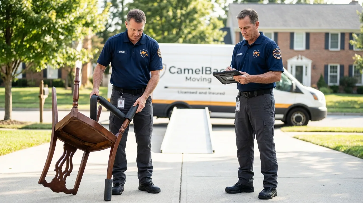 Movers inspecting furniture for damage prevention before loading in Radford, VA